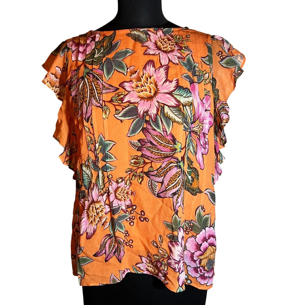 Farm Rio for Anthropologie Adonia Floral Pintuck Blouse in‎ Orange, Women's XS